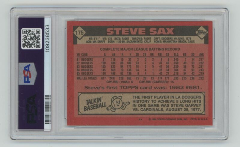 1986 TOPPS STEVE SAX PSA 6 LOS ANGELES DODGERS #175 - Image 3