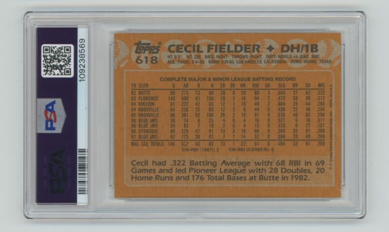 1988 TOPPS CECIL FIELDER PSA 8 TORONTO BLUE JAYS #618 POP 13, TOTAL POP 67 - Image 3
