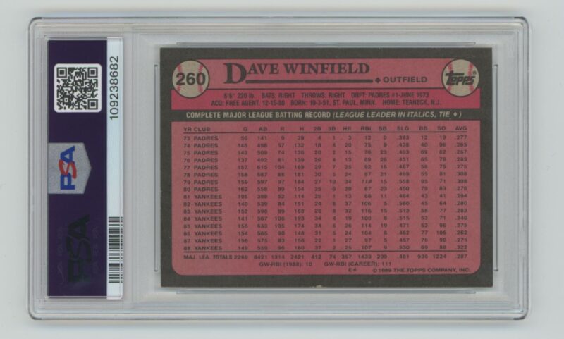 1989 TOPPS DAVE WINFIELD PSA 8 NEW YORK YANKEES #260 TOTAL POP 153 - Image 3