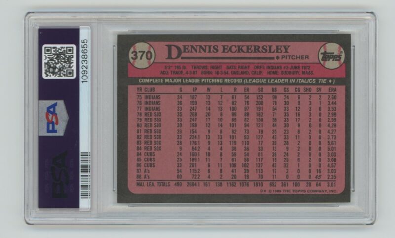 1989 TOPPS DENNIS ECKERSLEY PSA 8 OAKLAND ATHLETICS #370 POP 14, TOTAL POP 90 - Image 3