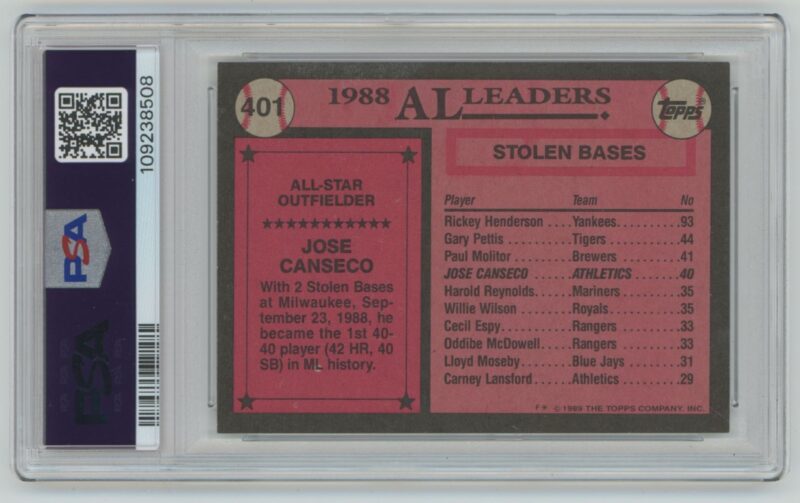 1989 TOPPS JOSE CANSECO PSA 9 OAKLAND ATHLETICS #401 - Image 3