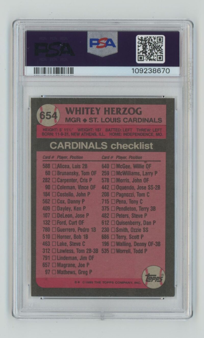 1989 TOPPS WHITEY HERZOG PSA 8 ST. LOUIS CARDINALS #654 - Image 3