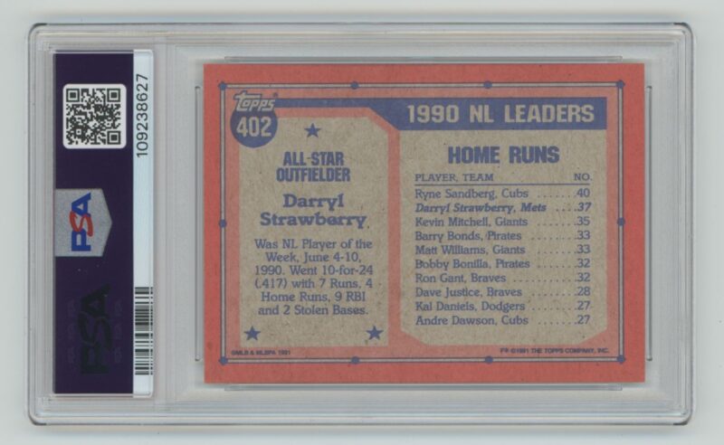 1991 TOPPS DARRYL STRAWBERRY PSA 6 NEW YORK METS #402 POP 4, TOTAL POP 68 - Image 3