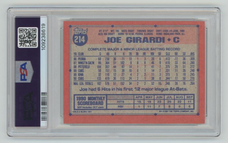 1991 TOPPS JOE GIRARDI PSA 7 CHICAGO CUBS #214 POP 2 ONLY 6 HIGHER - Image 3