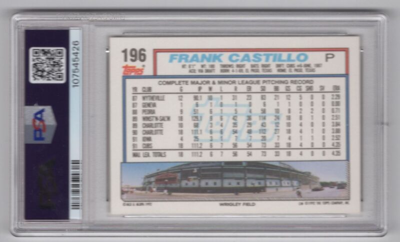 1992 TOPPS FRANK CASTILLO ROOKIE PSA 9 CHICAGO CUBS #196 POP 2 ONLY 1 HIGHER - Image 3