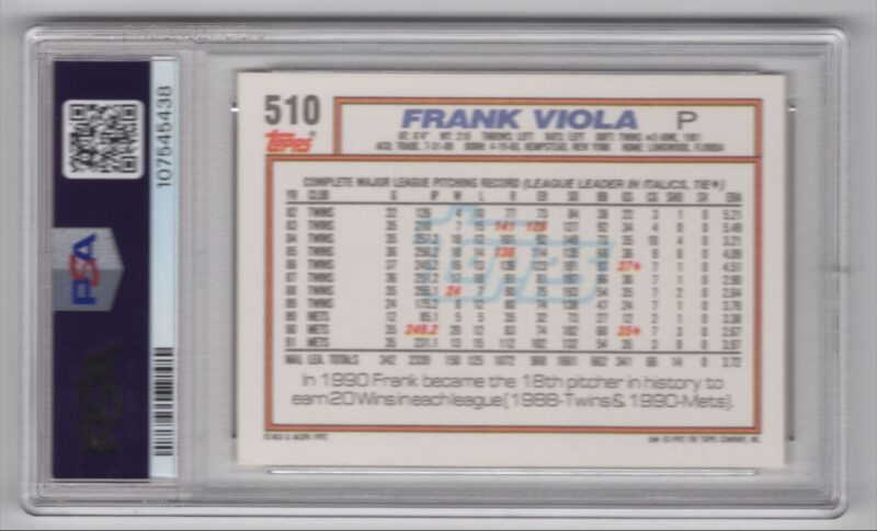 1992 TOPPS FRANK VIOLA PSA 8 NEW YORK METS #510 POP 1 ONLY 4 HIGHER - Image 3