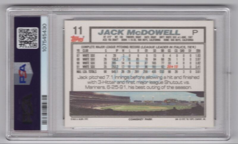 1992 TOPPS JACK MCDOWELL PSA 8 CHICAGO WHITE SOX #11 POP 1 ONLY 3 HIGHER - Image 3