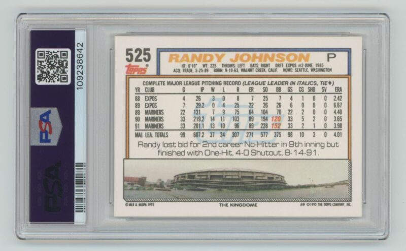 1992 TOPPS RANDY JOHNSON PERFECT PSA 10 PSA 10 SEATTLE MARINERS #525 TOTAL POP - Image 3