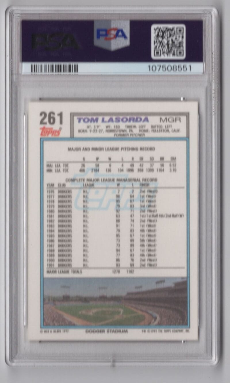 1992 TOPPS TOM LASORDA PSA 8 LOS ANGELES DODGERS #261 TOTAL POP LESS THAN 50 - Image 3