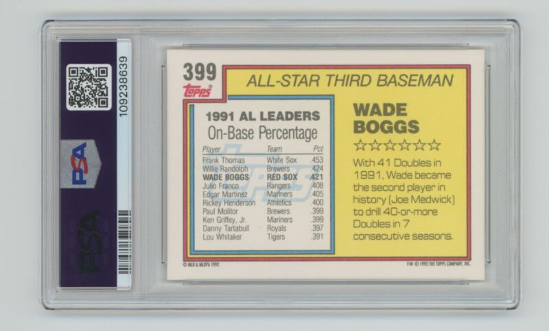 1992 TOPPS WADE BOGGS PSA 7 BOSTON RED SOX #399 POP 2, TOTAL POP ONLY 65 - Image 3