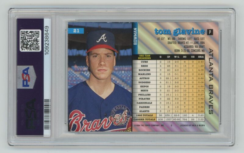 1994 BOWMAN TOM GLAVINE PSA 7 ATLANTA BRAVES #21 - Image 3