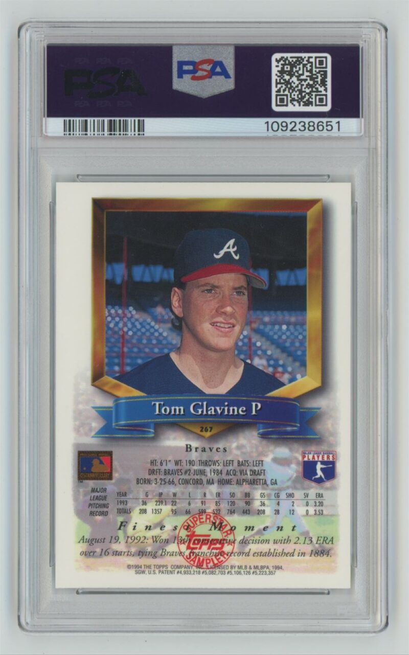 1994 TOPPS FINEST TOM GLAVINE PSA 8 ATLANTA BRAVES #267 POP 3, TOTAL POP ONLY 32 - Image 3