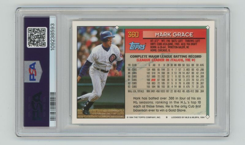 1994 TOPPS MARK GRACE PSA 8 CHICAGO CUBS #360 - Image 3