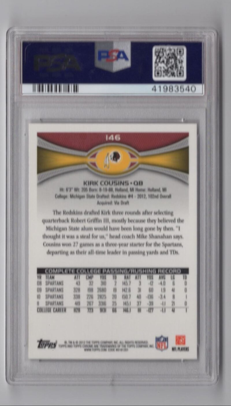 2012 TOPPS CHROME 3-15 KIRK COUSINS ROOKIE PSA 9 WASHINGTON REDSKINS #146 - Image 3