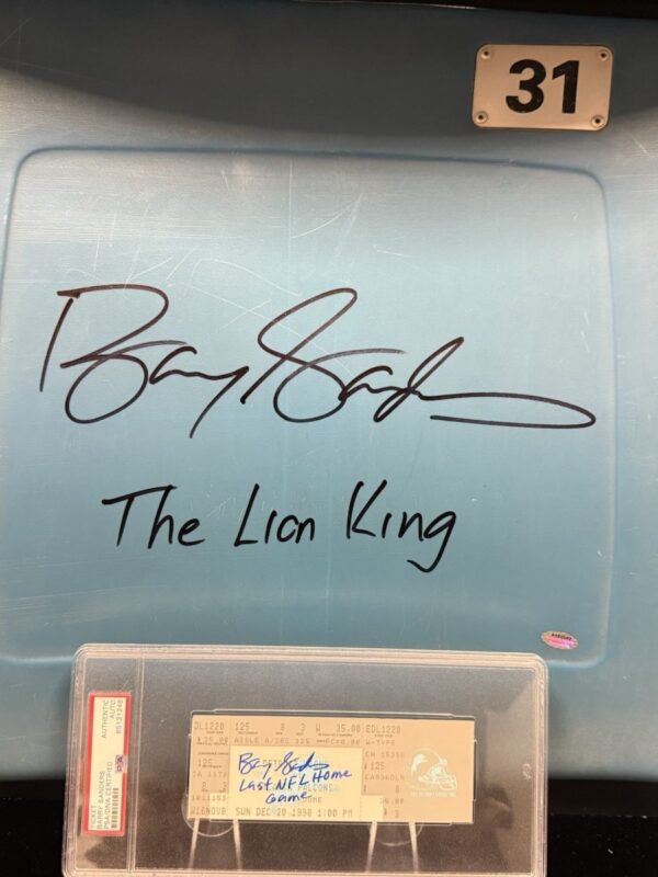Detroit Lions - Barry Sanders Autographed Pontiac Stadium Seatback & Game Ticket
