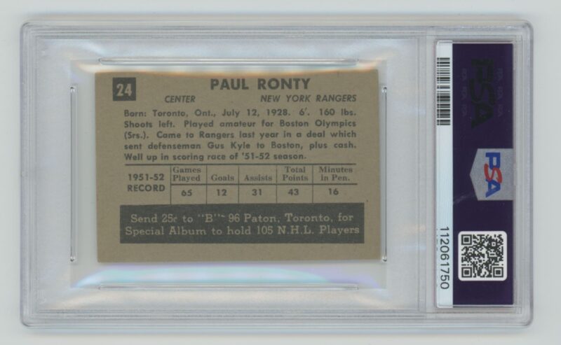 1952 53 PARKHURST VINTAGE HOCKEY PAUL RONTY ROOKIE PSA 5 NEW YORK RANGERS 24 286685205323 2