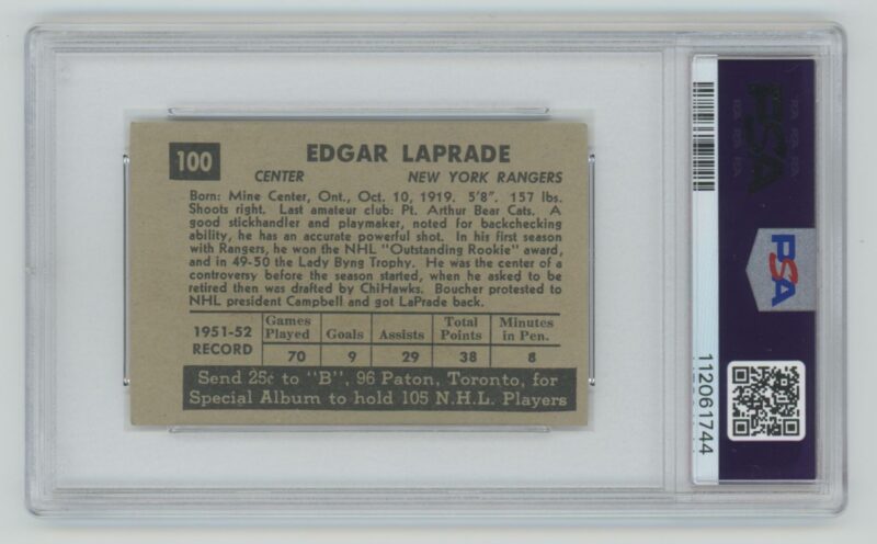 1952 53 VINTAGE HOCKEY EDGAR LAPRADE ROOKIE PSA 4 NEW YORK RANGERS 100 286685205313 2