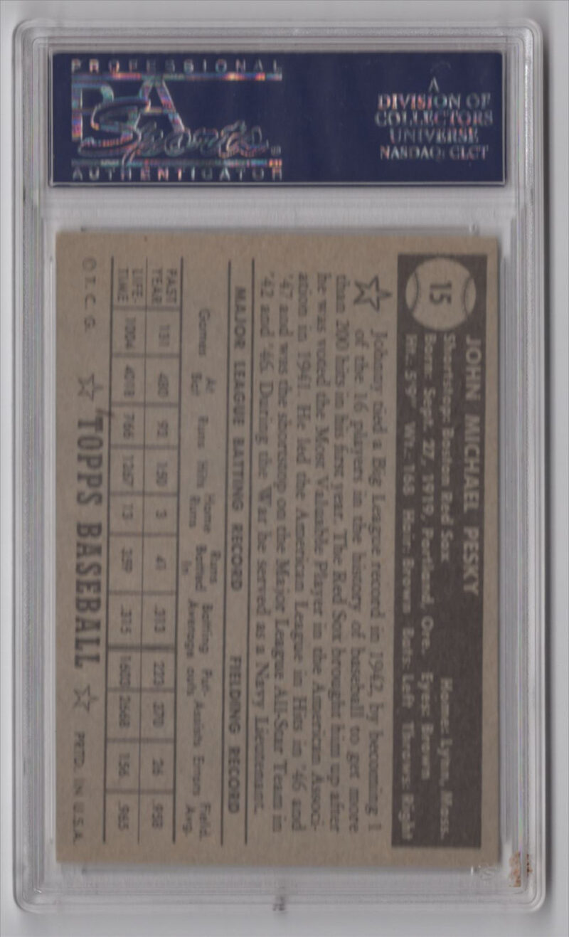 1952 TOPPS 3-15 JOHNNY PESKY ROOKIE PSA 5 BOSTON RED SOX #15 - Image 3
