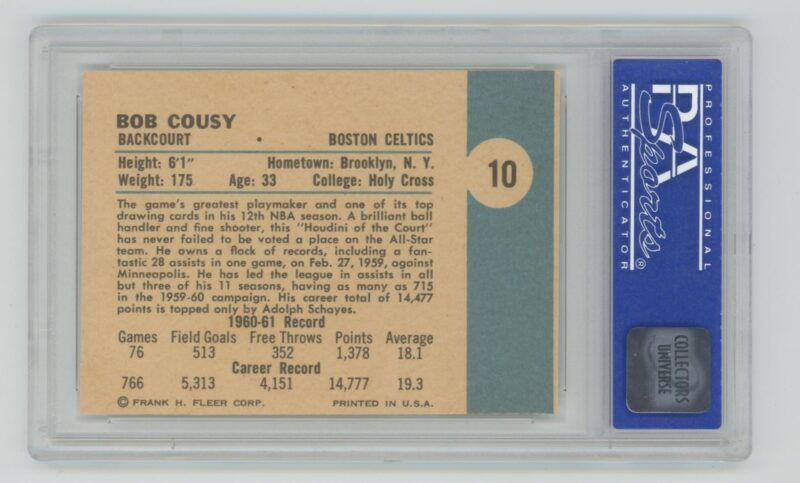 1961-62 FLEER BOB COUSY PSA 8 BOSTON CELTICS #10 - Image 3