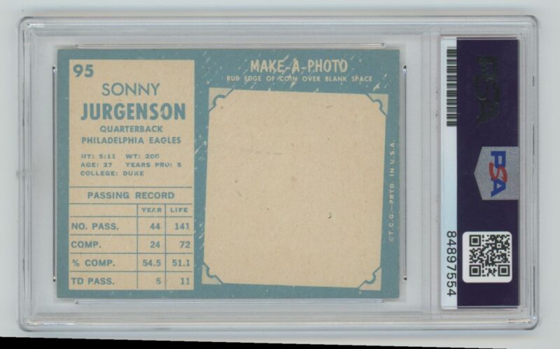 1961 TOPPS SONNY JURGENSEN AUTO AUTHENTIC AUTOGRAPH PSA PHILADELPHIA EAGLES #95 - Image 3