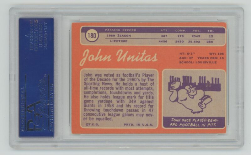 1970 TOPPS JOHN UNITAS ROOKIE AUTO PSA BALTIMORE COLTS 180 AUTHENTIC SIGNATURE 286685215043 2