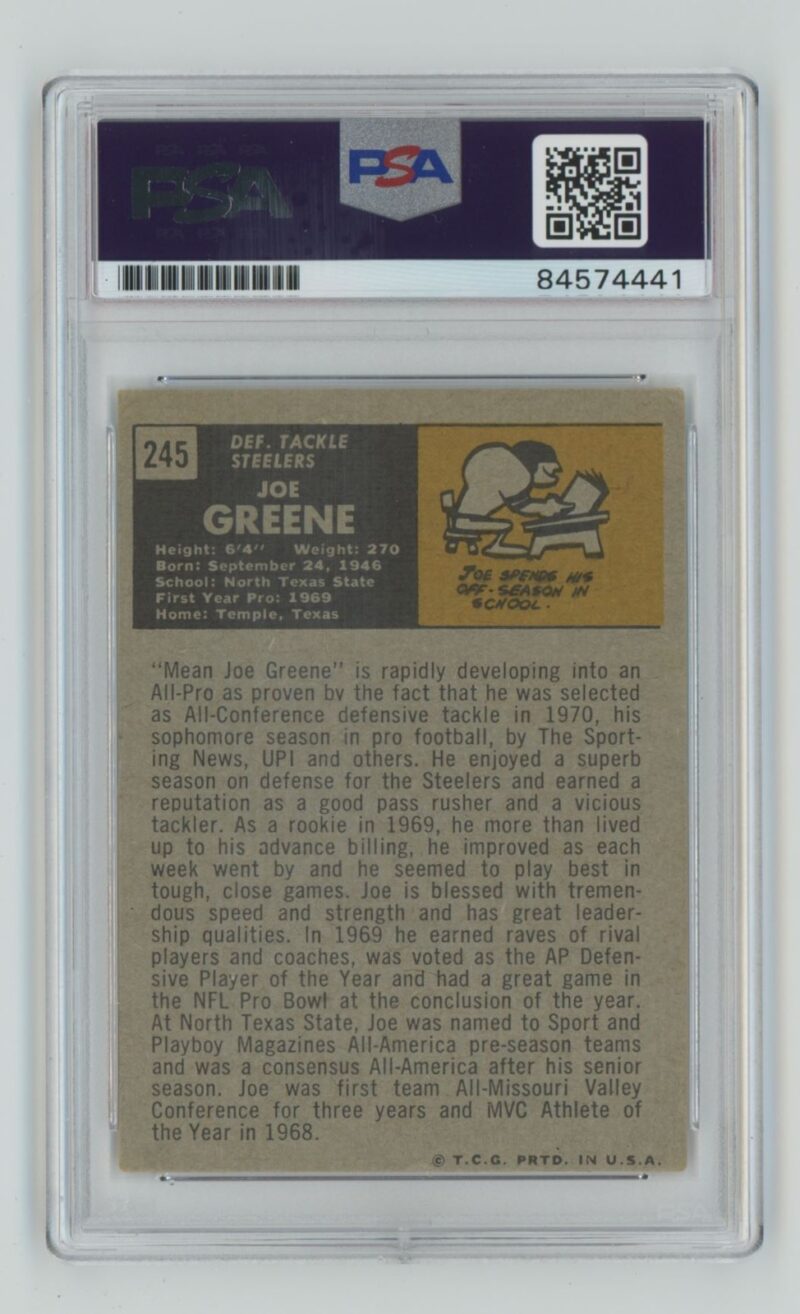 1971 TOPPS JOE GREENE ROOKIE AUTO AUTHENTIC AUTOGRAPH PSA 10 PITTSBURGH STEELERS - Image 3