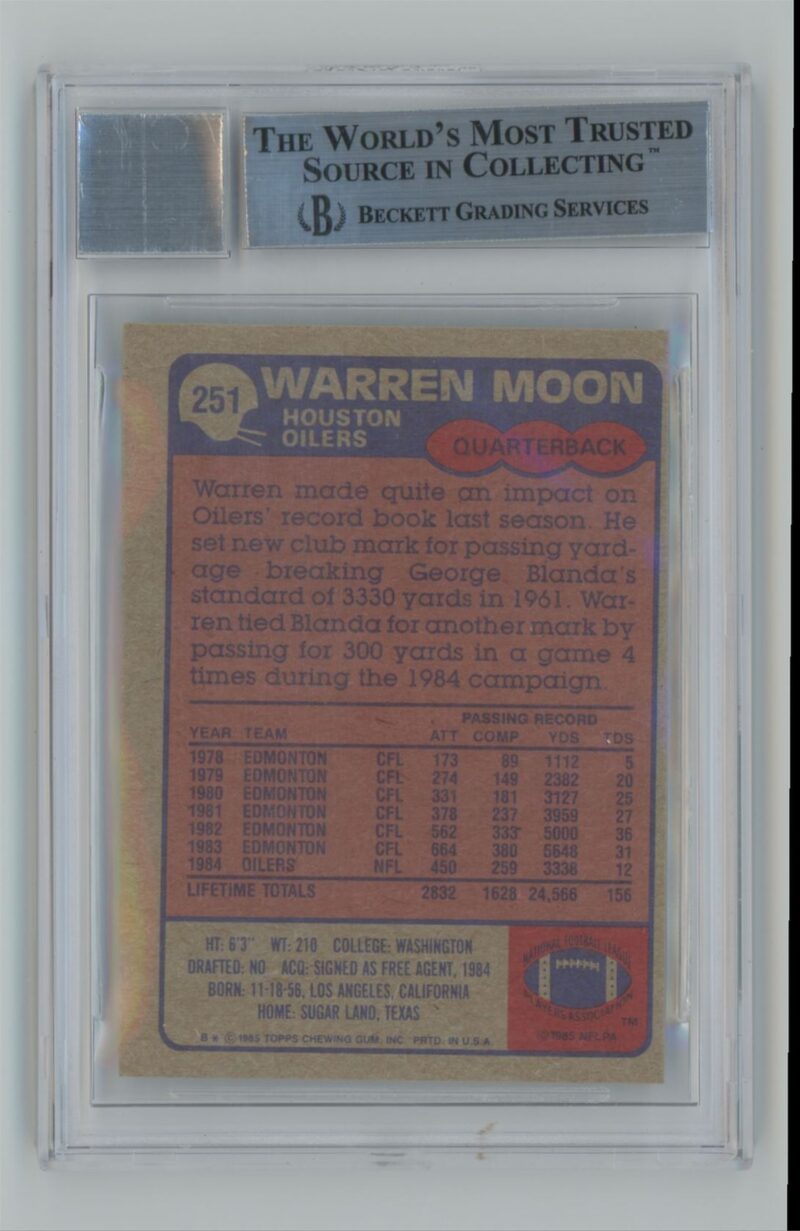 1985 TOPPS WARREN MOON ROOKIE AUTO BECKETT 10 HOUSTON OILERS #251 INSCRIBED HOF - Image 3