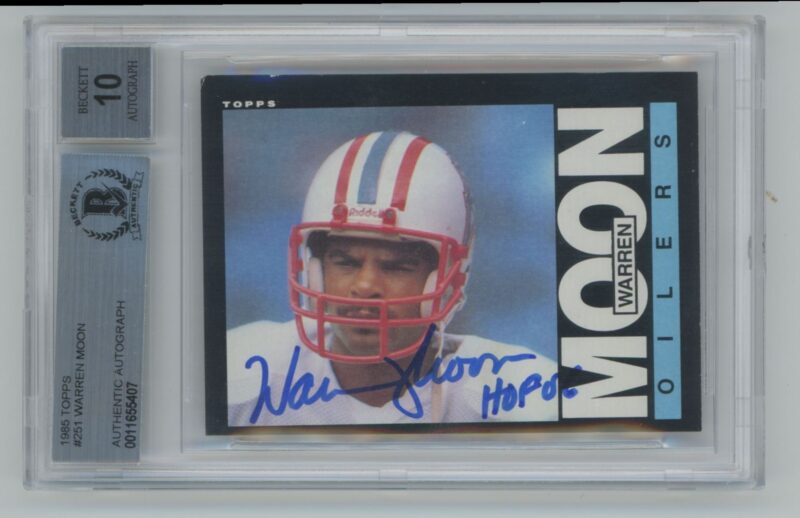 1985 TOPPS WARREN MOON ROOKIE AUTO BECKETT 10 HOUSTON OILERS #251 INSCRIBED HOF