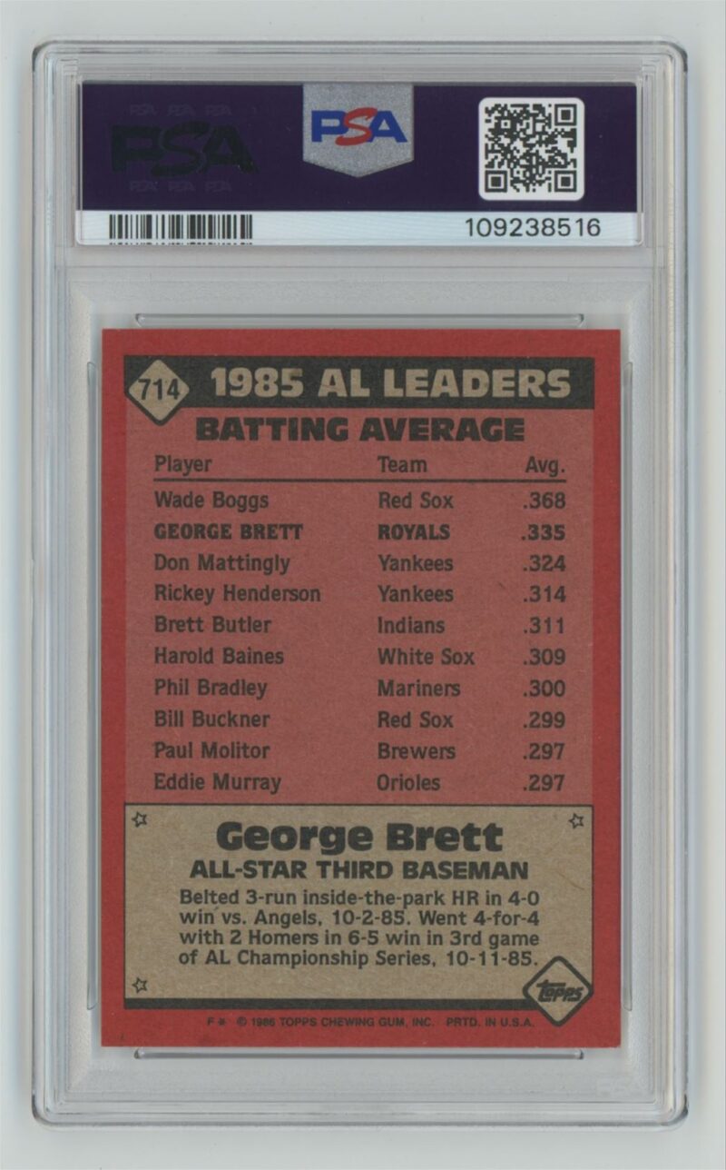 1986 TOPPS GEORGE BRETT PSA 8 KANSAS CITY ROYALS #714 - Image 3
