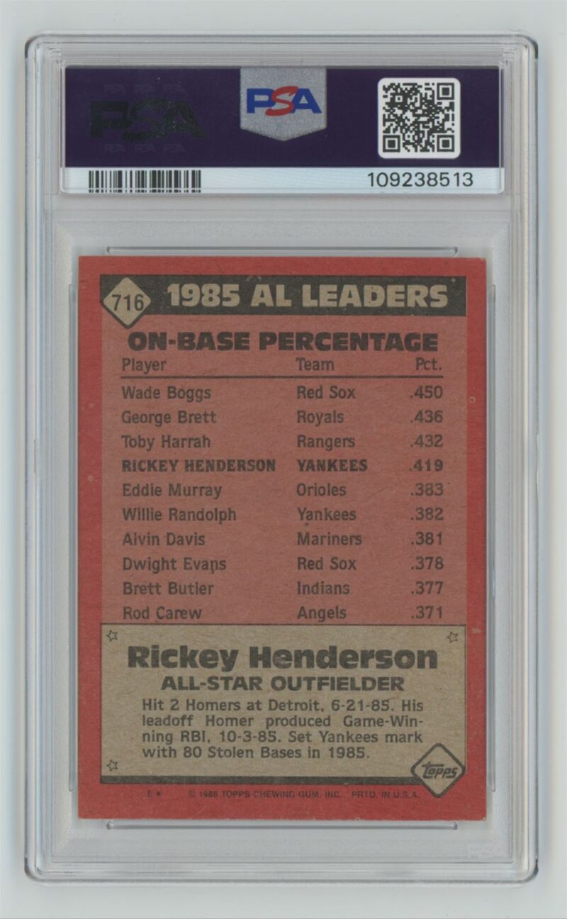 1986 TOPPS RICKEY HENDERSON PSA 8 NEW YORK YANKEES #716 - Image 3