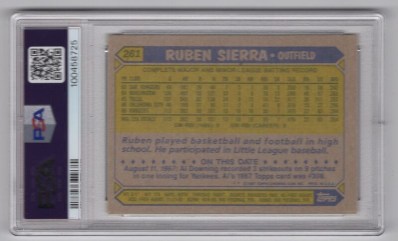 1987 TOPPS RUBEN SIERRA AUTO PSA 6 TEXAS RANGERS #261 AUTO 10 - Image 3