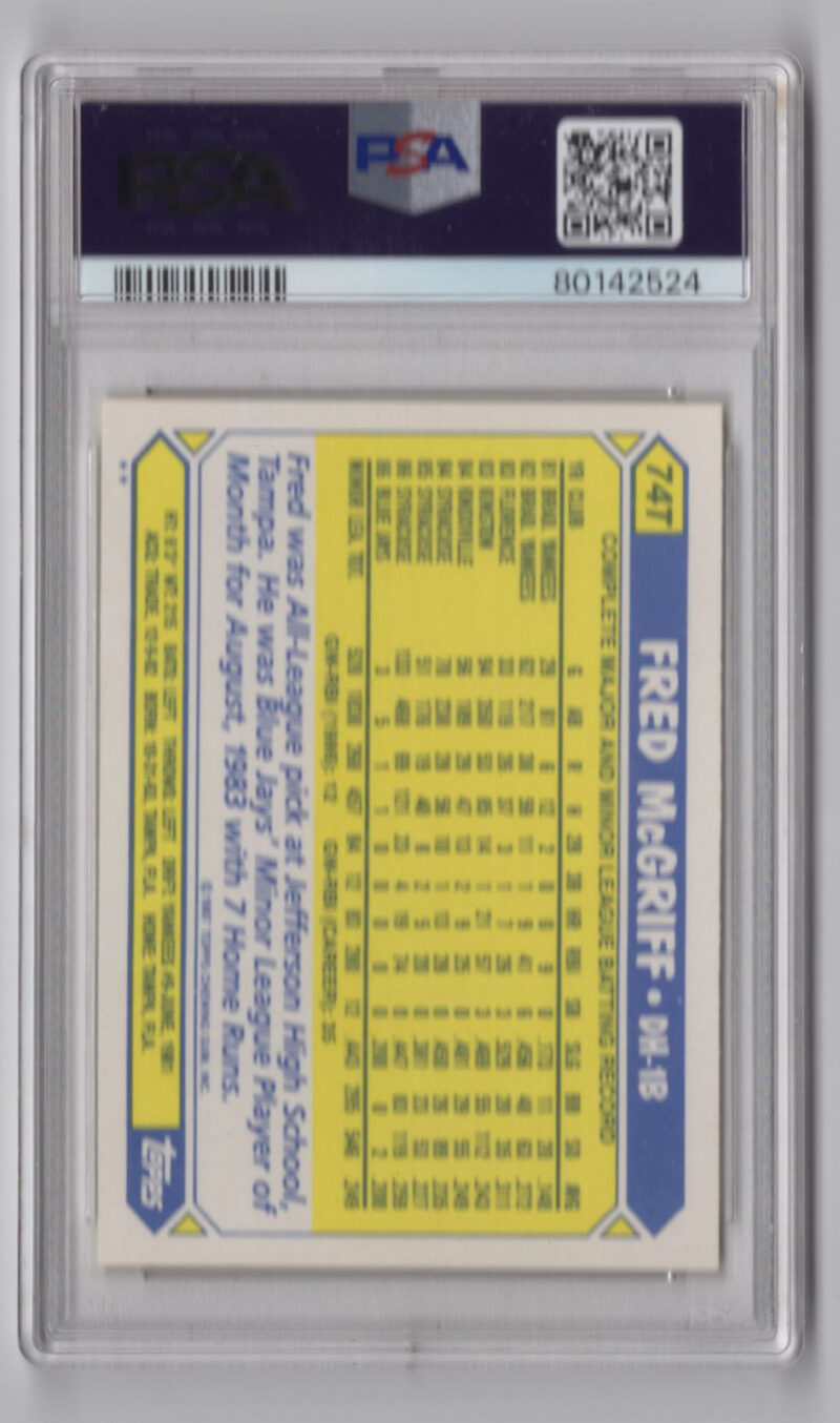 1987 TOPPS TRADED 3-15 FRED MCGRIFF PSA 6 TORONTO BLUE JAYS #74T - Image 3