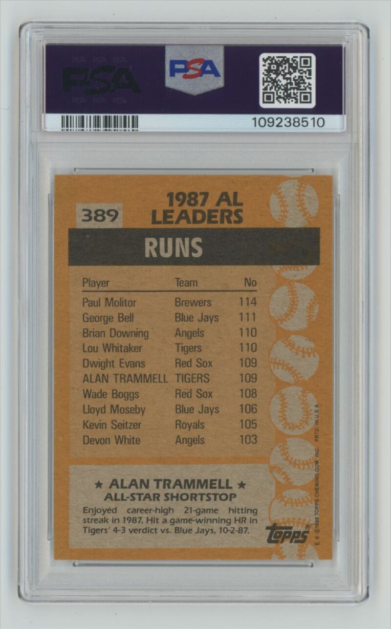 1988 TOPPS ALAN TRAMMELL PSA 7 DETROIT TIGERS #389 POP 3, TOTAL POP 99 - Image 3