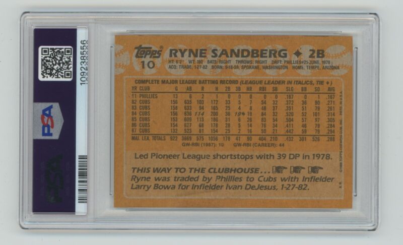 1988 TOPPS RYNE SANDBERG PSA 9 CHICAGO CUBS #10 ST GRADE FROM ORIGINAL GUM - Image 3
