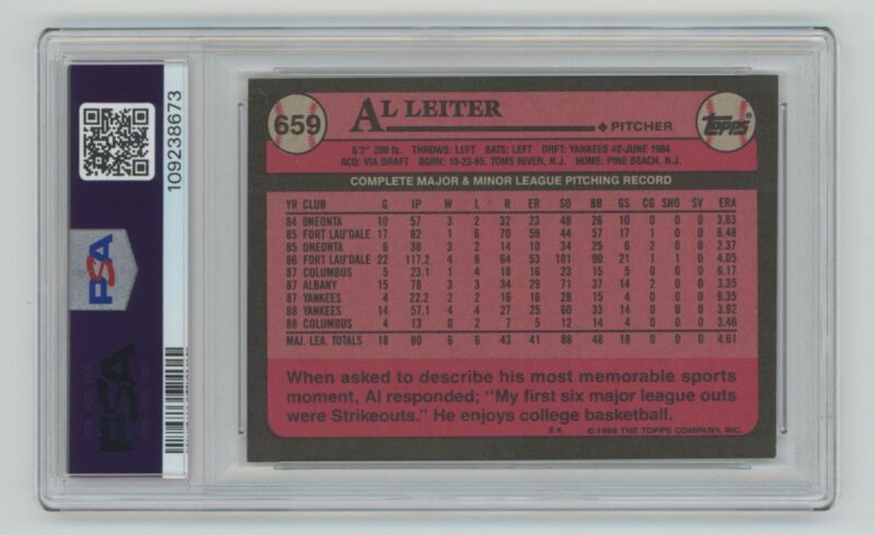1989 TOPPS AL LEITER PSA 7 NEW YORK YANKEES #659 POP 1 ONLY 8 HIGHER - Image 3