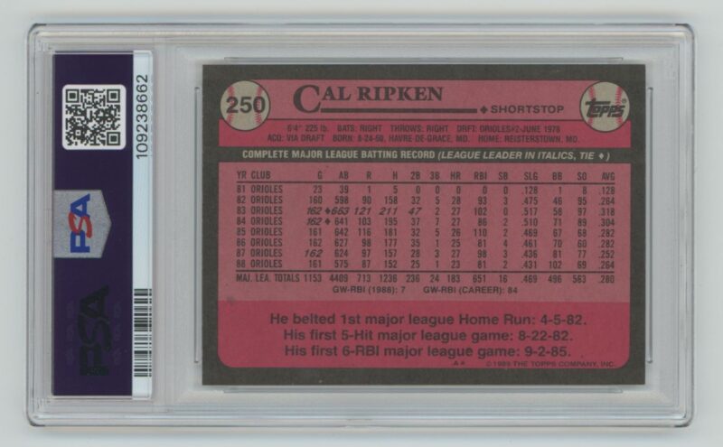 1989 TOPPS CAL RIPKEN PSA 9 BALTIMORE ORIOLES #250 - Image 3