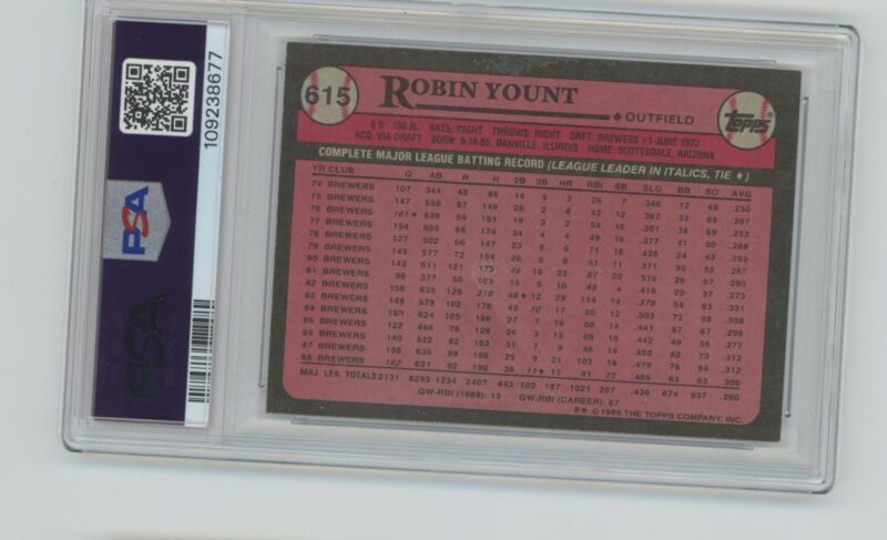 1989 TOPPS ROBIN YOUNT PSA 9 MILWAUKEE BREWERS #615 - Image 3