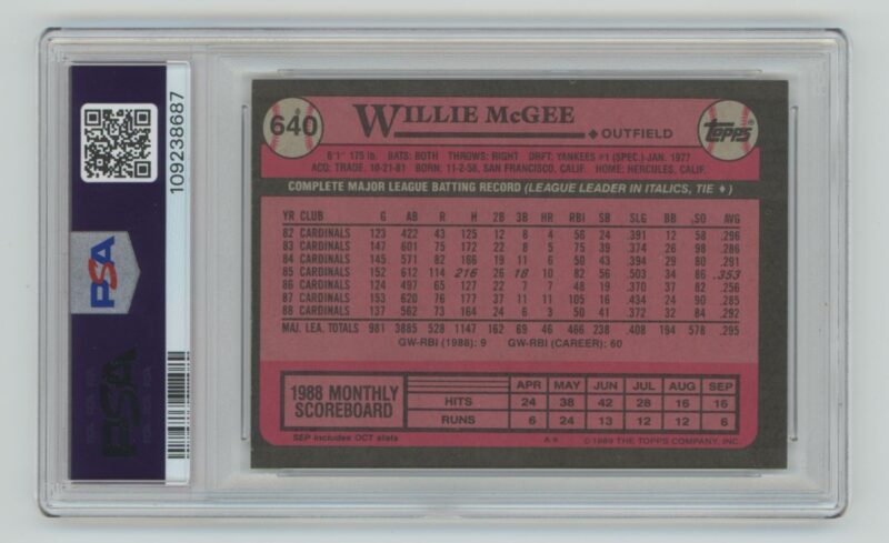 1989 TOPPS WILLIE MCGEE PSA 8 ST. LOUIS CARDINALS #640 POP 3 ONLY 6 HIGHER - Image 3