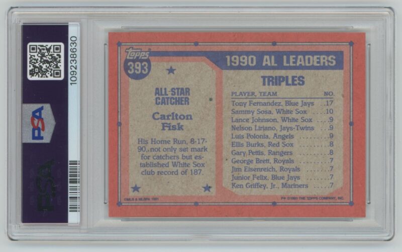 1991 TOPPS CARLTON FISK PSA 9 CHICAGO WHITE SOX #393 POP 22, TOTAL POP 68 - Image 3