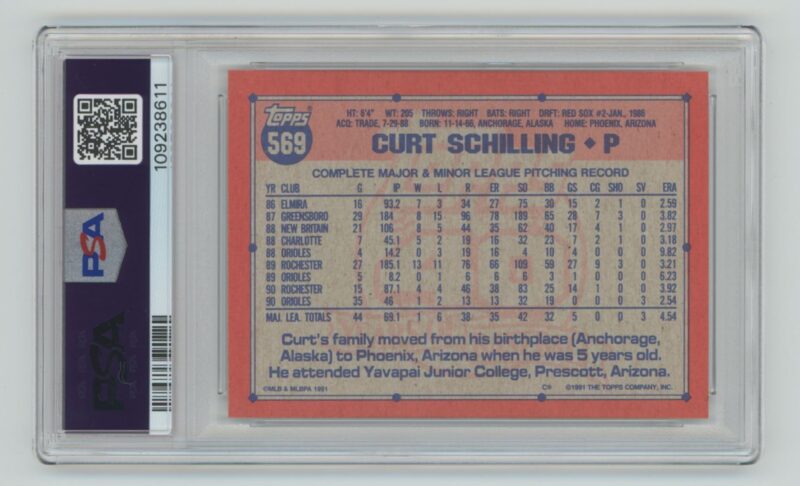 1991 TOPPS CURT SCHILLING PSA 9 BALTIMORE ORIOLES #569 - Image 3