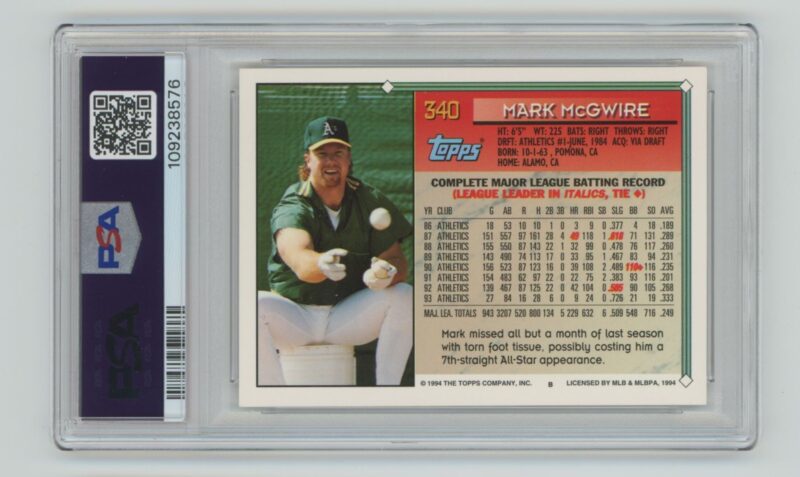 1994 TOPPS MARK MCGWIRE PSA 8 OAKLAND ATHLETICS #340 POP 11, TOTAL POP 88 - Image 3