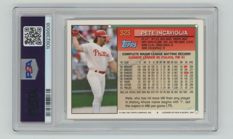 1994 TOPPS PETE INCAVIGLIA PSA 5 PHILADELPHIA PHILLIES #323 RARE POP 1 OF 1 - Image 3