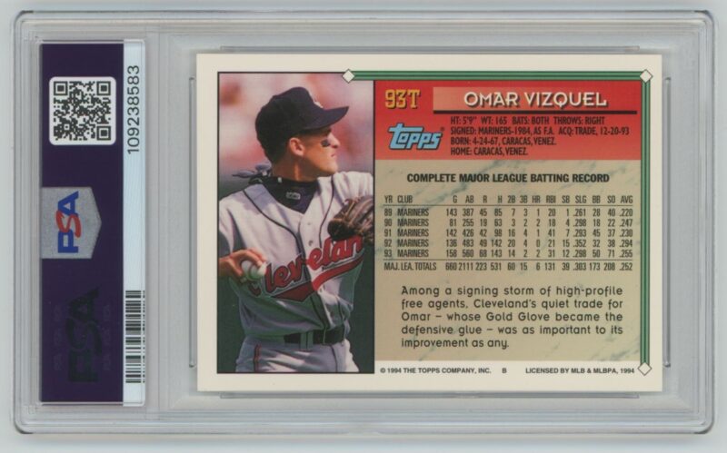 1994 TOPPS TRADED OMAR VIZQUEL PSA 6 CLEVELAND INDIANS #93T POP1, ONLY 8 HIGHER - Image 3