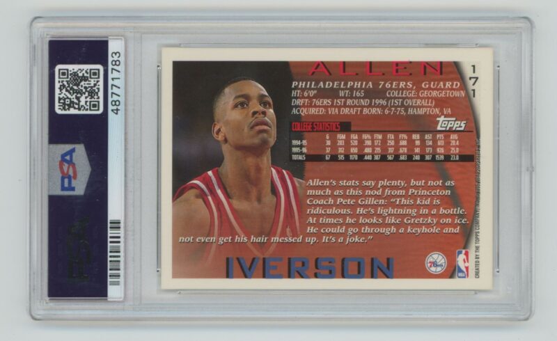 1996-97 TOPPS ALLEN IVERSON ROOKIE PSA 9 PHILADELPHIA 76ERS #171 - Image 3