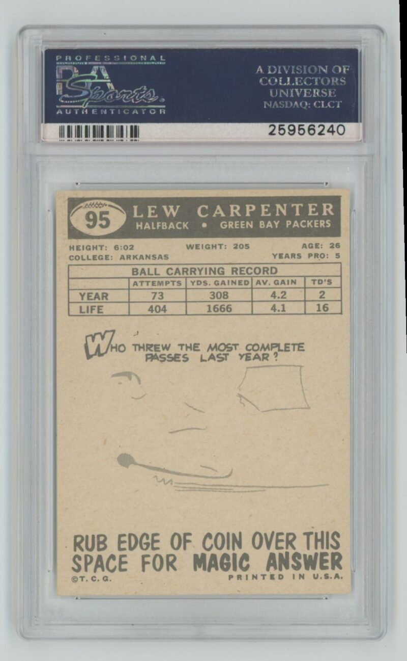 1959 TOPPS LEW CARPENTER ROOKIE RARE GRADED CARD PSA 8 GREEN BAY PACKERS #95 . - Image 3