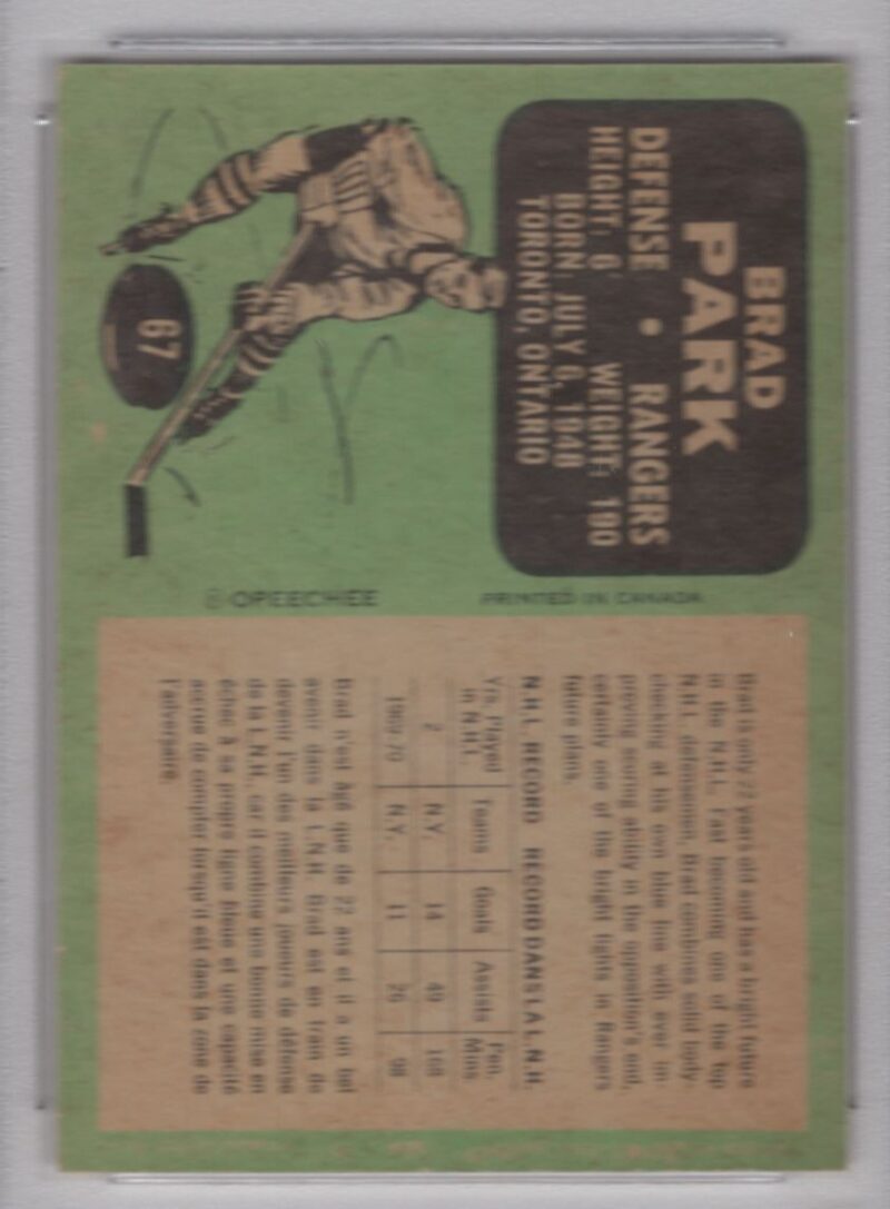 1970 71 O PEE CHEE 3 15 BRAD PARK AUTO PSA NEW YORK RANGERS 67 286685185864 2