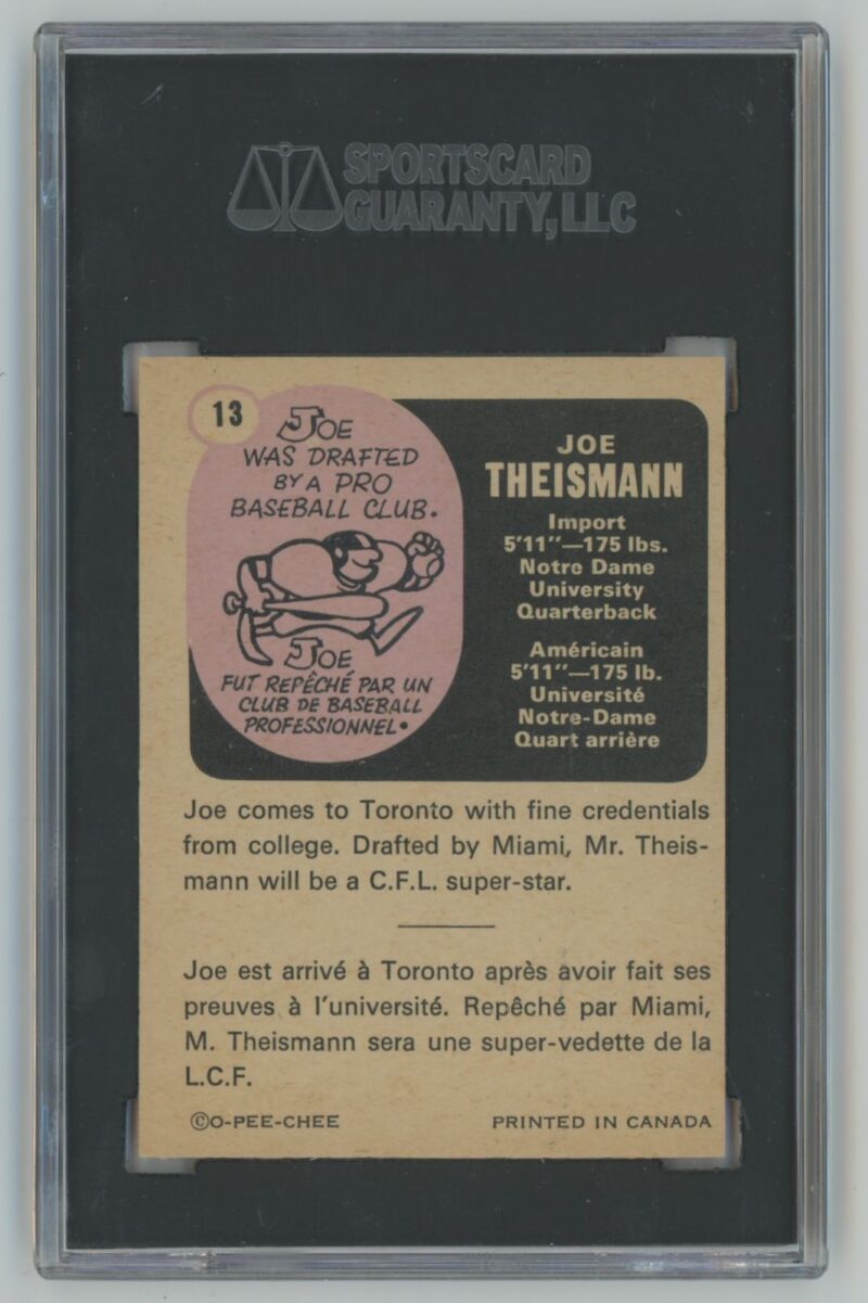 1971 O-PEE-CHEE CFL JOE THEISMANN ROOKIE SGC 8.5 TORONTO ARGONAUTS #13 - Image 3