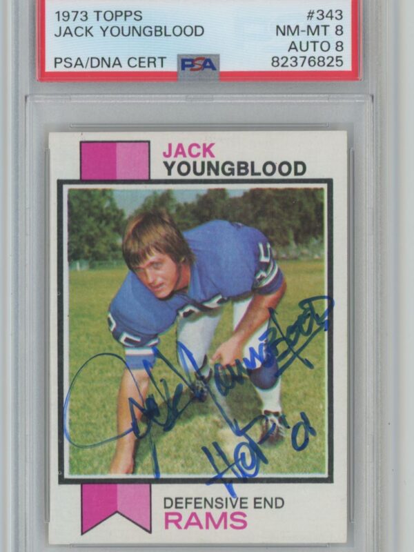 1973 TOPPS JACK YOUNGBLOOD ROOKIE AUTO PSA 8 LOS ANGELES RAMS #343