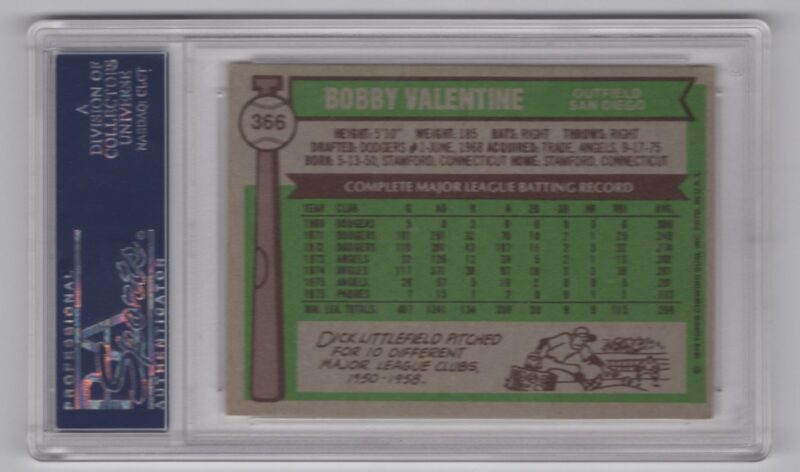 1976 TOPPS BOBBY VALENTINE AUTO PSA SAN DIEGO PADRES #366 HAND SIGNED AUTOGRAPH - Image 3