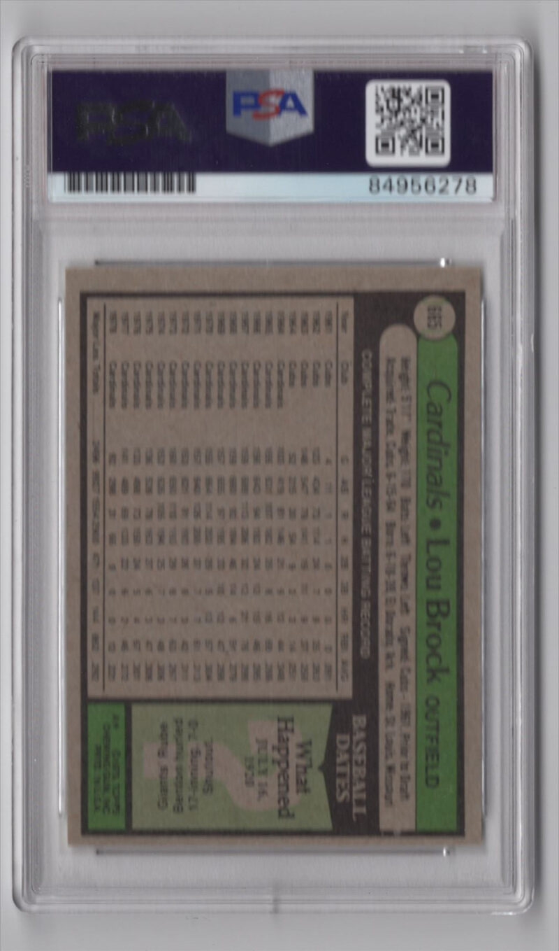 1979 TOPPS 3-15 LOU BROCK AUTO PSA ST. LOUIS CARDINALS #665 INSCRIBED HOF 85 - Image 3